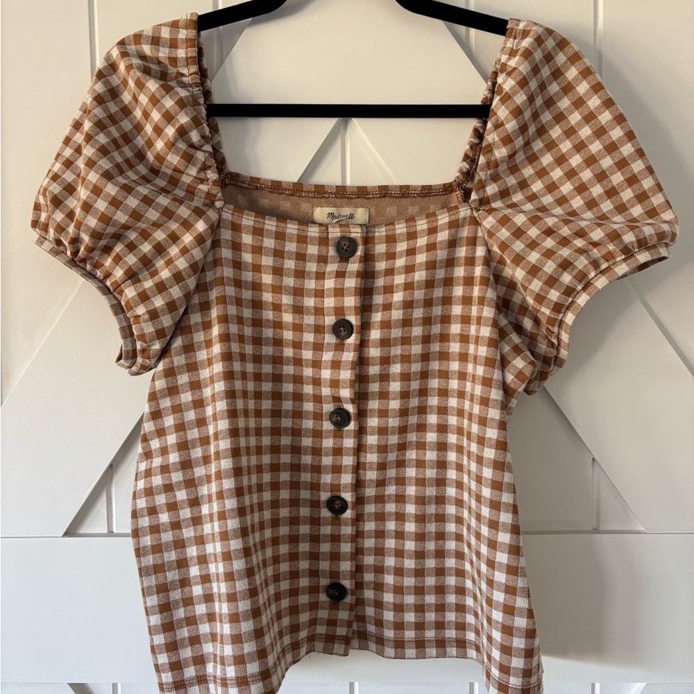 Madewell Brown and White Gingham Puff Sleeve Button-Front Top